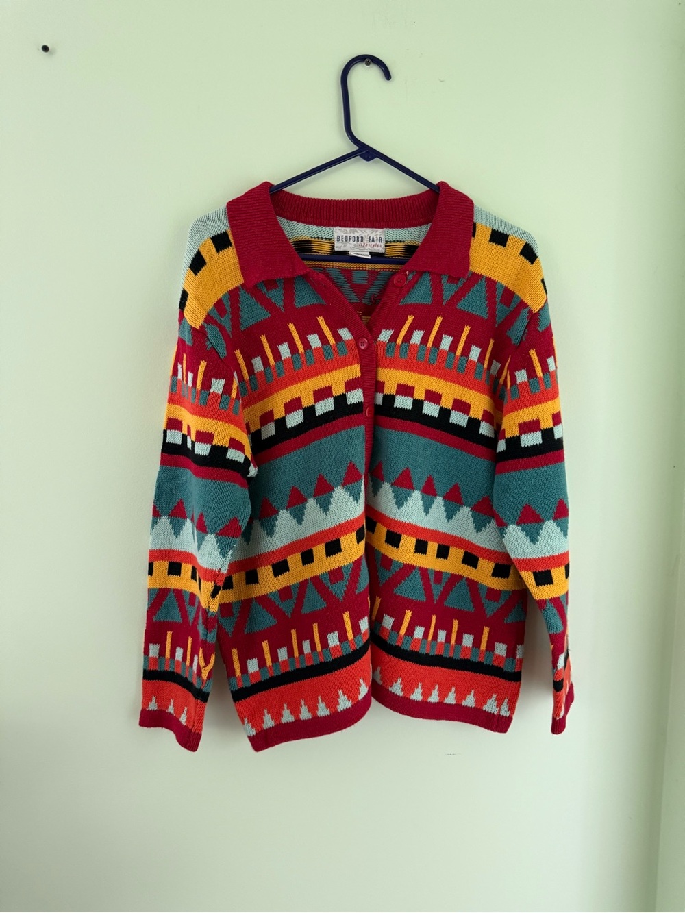 Bloomingdale's Multicolor Geometric Cardigan Sweater - Red/Teal/Yellow